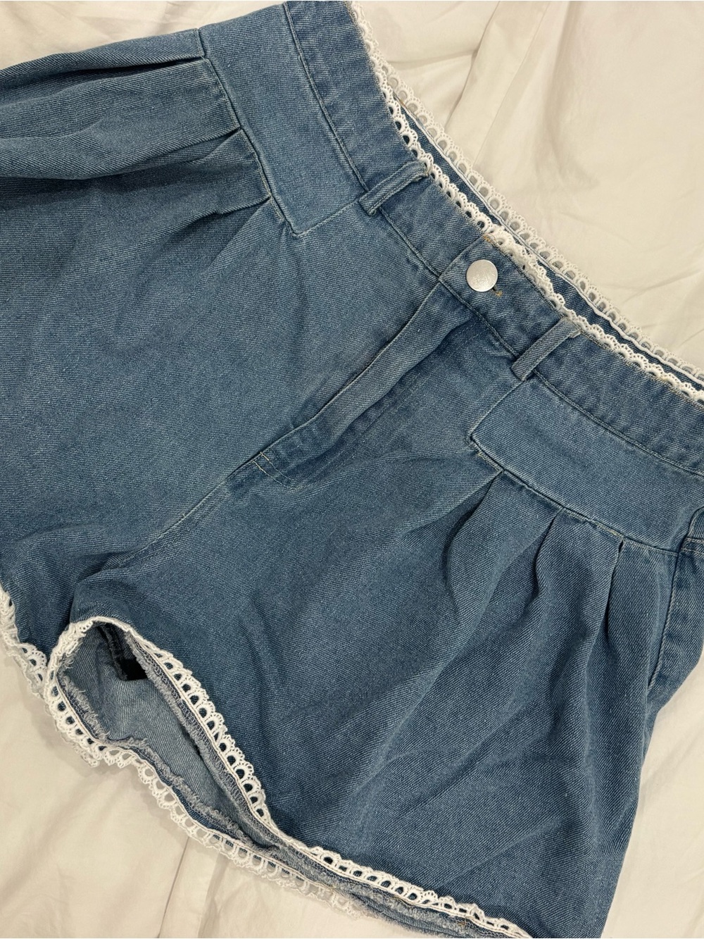 Denim Lace-Trim High-Rise Shorts in Blue